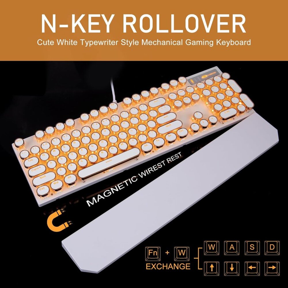 Typewriter Style Mechanical Keyboard, Retro Punk Gaming Keyboard with Gold LED B - Picture 6 of 8